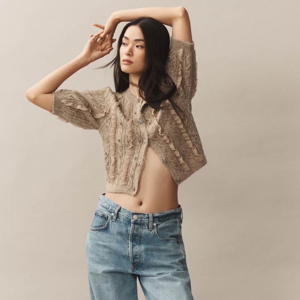 NEW Maeve Short-Sleeve Embellished Ruffled Cardigan Sweater